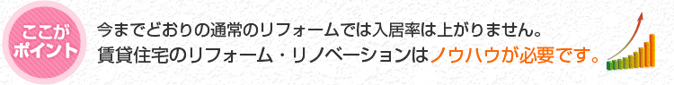 今までどおりの通常のリフォームでは入居率は上がりません。賃貸住宅のリフォーム・リノベーションはノウハウが必要です。